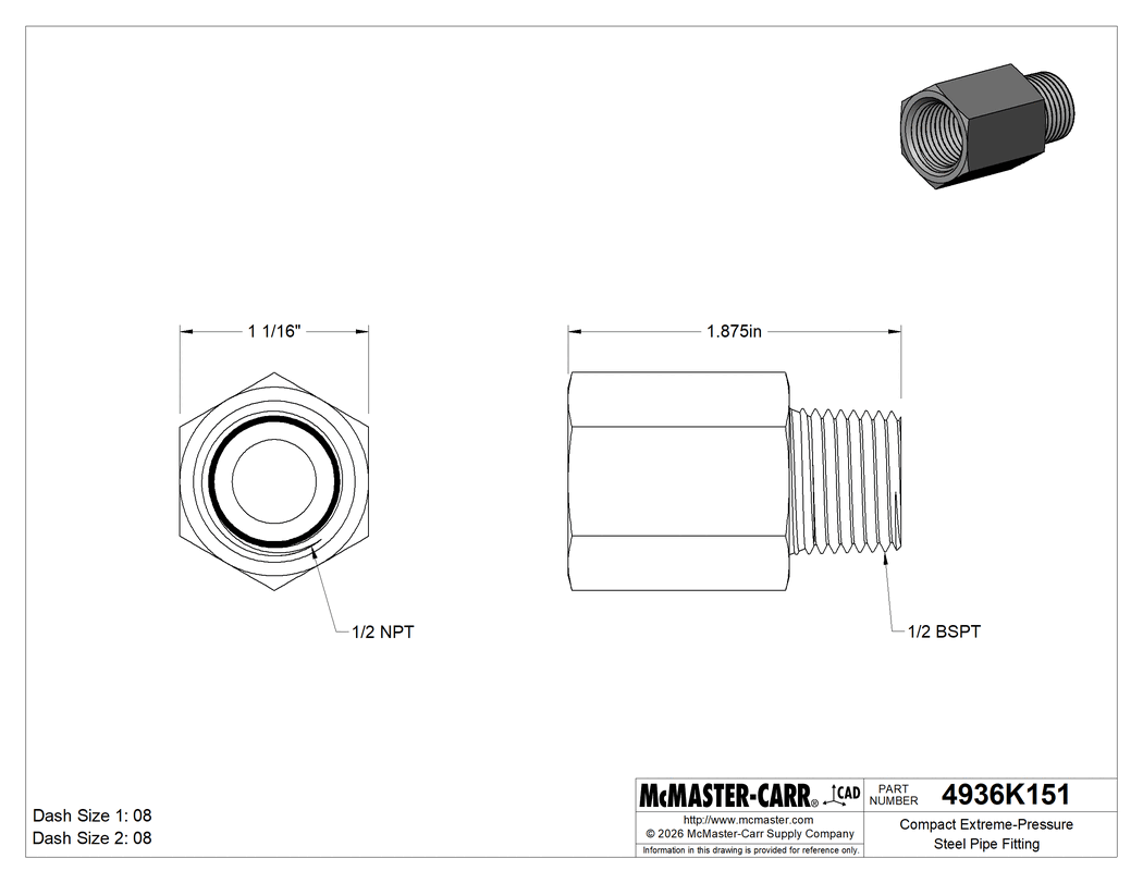 Technical Drawing of Compact Extreme-Pressure Steel Pipe Fitting, Straight Adapter, 1/2 NPT Female x 1/2 BSPT Male.